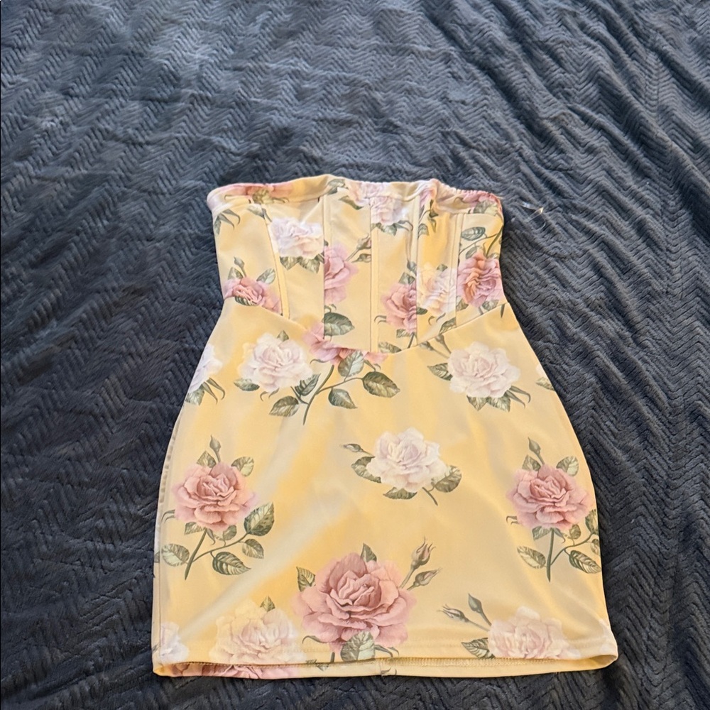 Fashion Nova Yellow Floral Strapless Dress